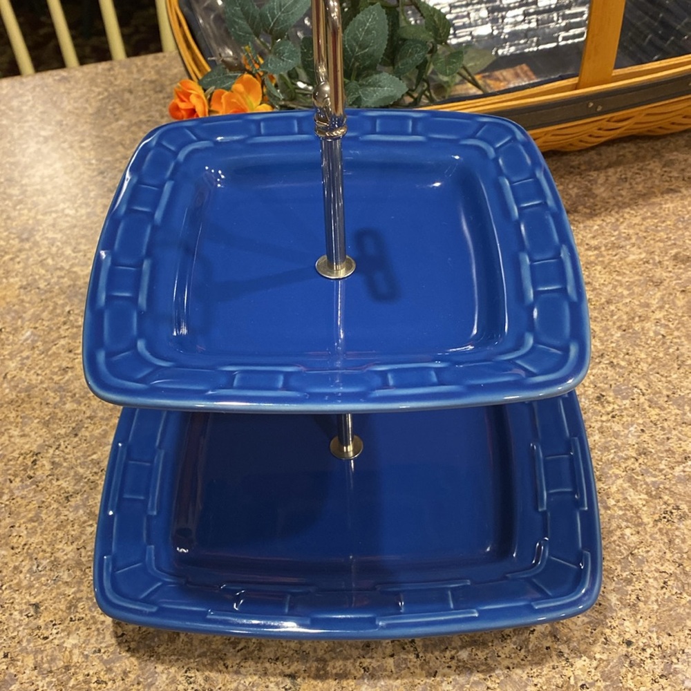 Longaberger Two Tier Dessert Serving Tray Woven Traditions Cornflower Pottery - Picture 10 of 17